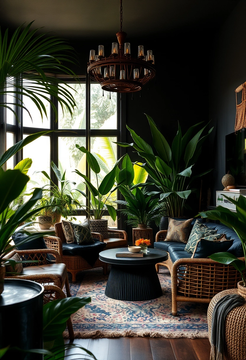 Dark boho living room ideas 19